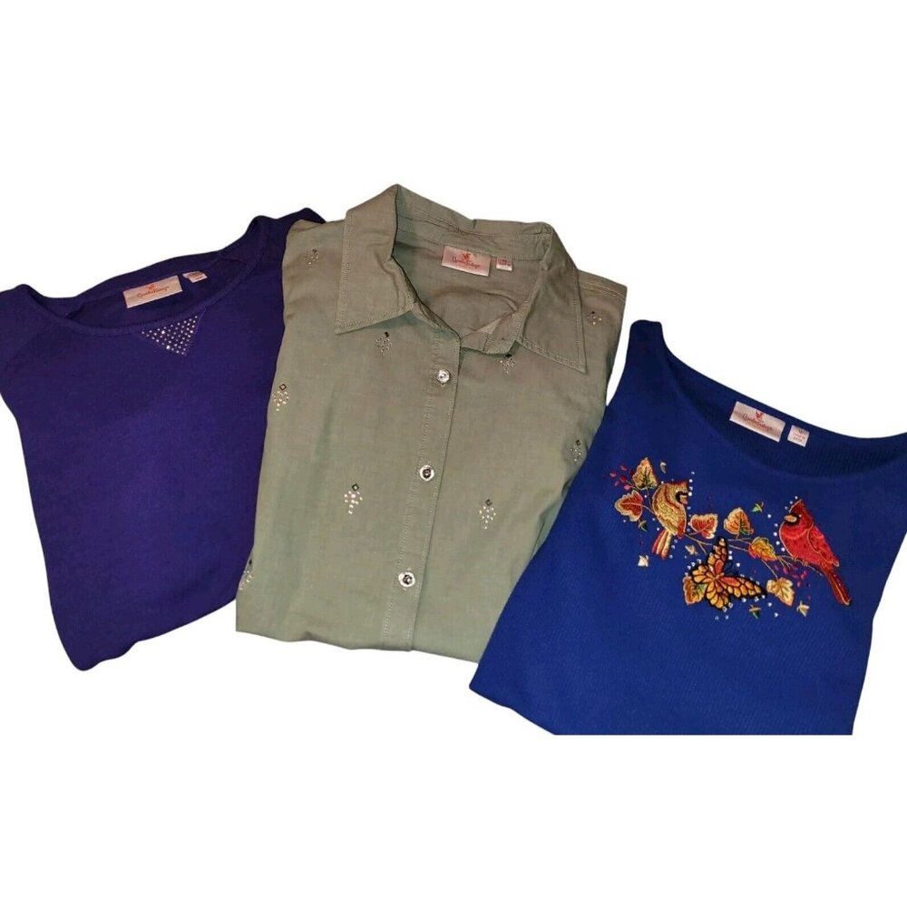 1XL Lot 3 Quacker Factory Knit Tops 1x Cotton Embellished Embroidered Long Sleev